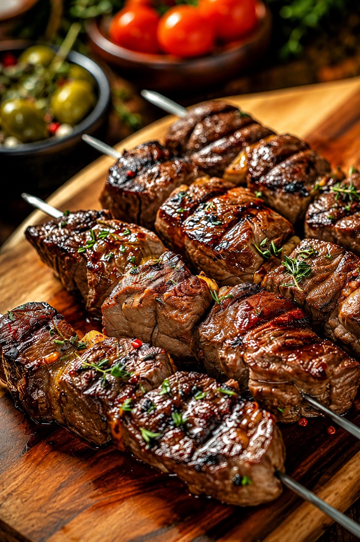 Espetinhos de carne servidos na tábua de madeira
